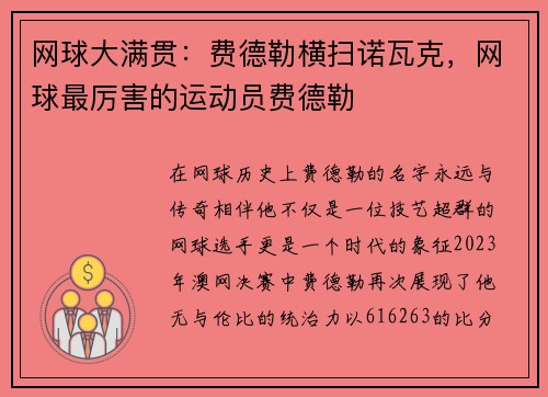 网球大满贯：费德勒横扫诺瓦克，网球最厉害的运动员费德勒