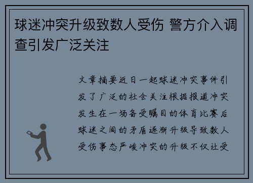 球迷冲突升级致数人受伤 警方介入调查引发广泛关注 球迷冲突升级致数人受伤 警方介入调查引发广泛关注